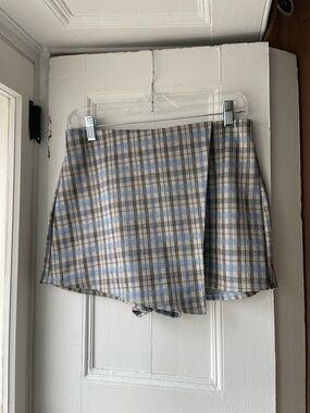 Lovely Day | Plaid Wrap Mini Skort in Blue and Beige
